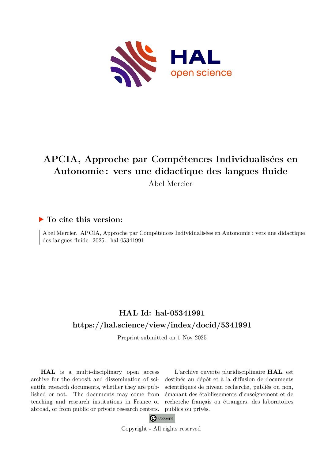 Production scientifique: APCIA Approches Par Compétences Individualisées en Autonomie, Septembre 2025